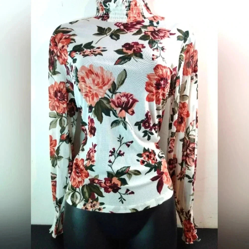 White Floral Sheer Long Sleeve Top Women's Flowers Blouse Ladies Dress Shirt